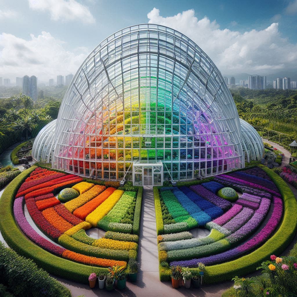 A greenhouse that is a source of a five-colored rainbow with red, orange, yellow, green, and blue, but no purple