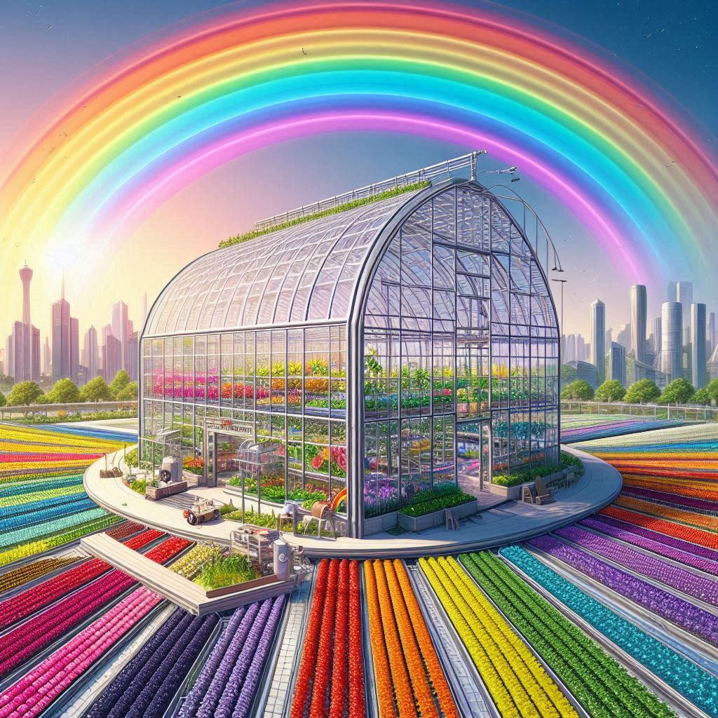 A greenhouse that is a source of a five-colored rainbow with red, orange, yellow, green, and blue, but no purple