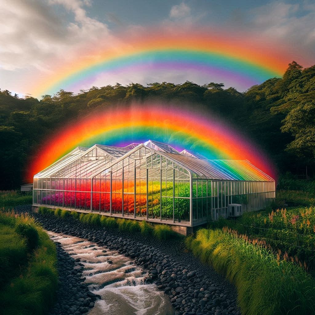 A greenhouse that is a source of a five-colored rainbow. The rainbow colors are red, orange, yellow, green and blue.
