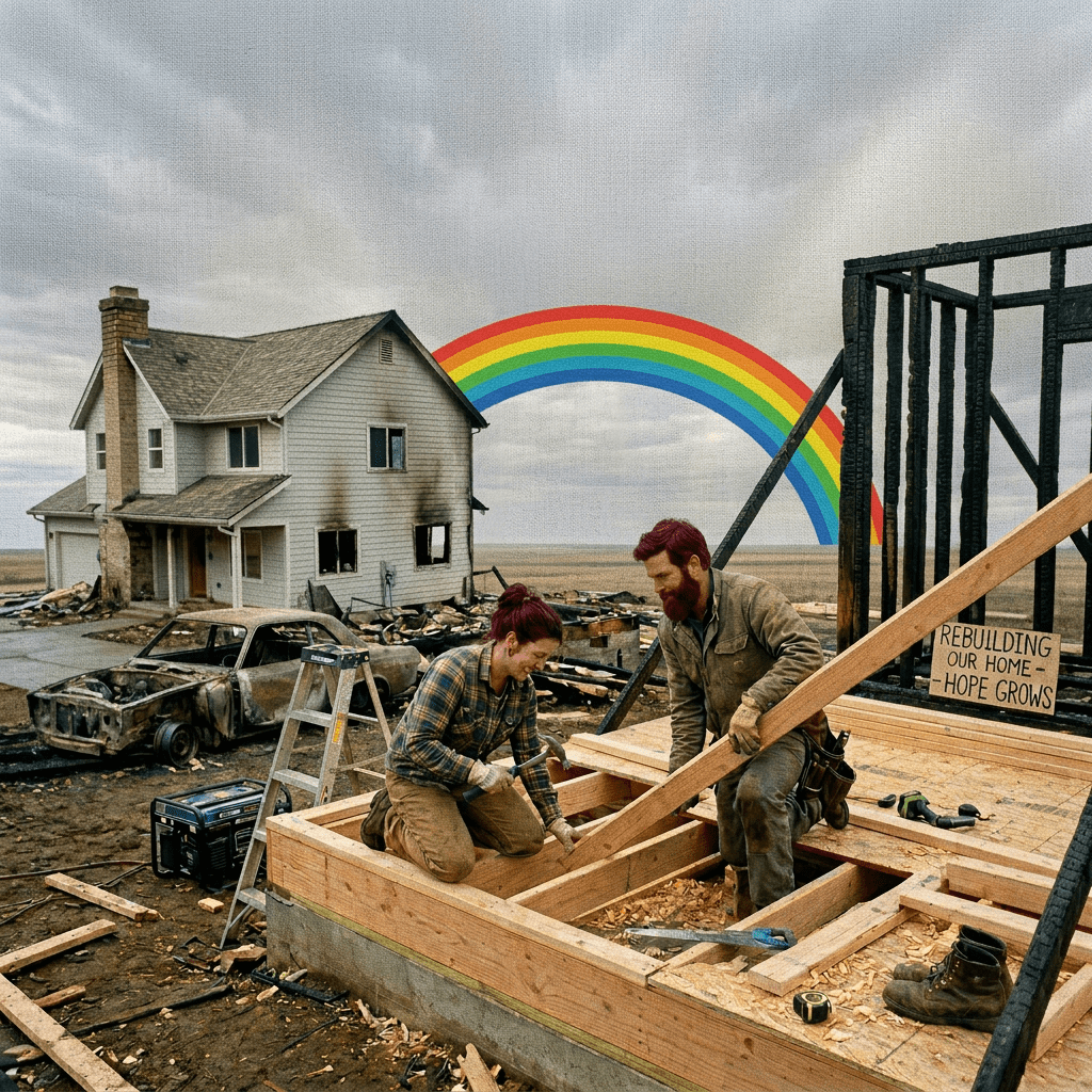 Couple rebuilding a wooden house frame on foundation with charred ruins behind and triple rainbow overhead