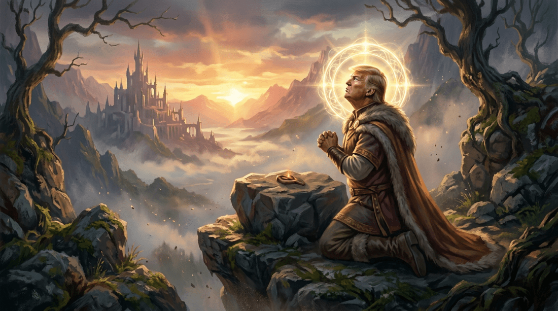 Knight kneeling in prayer on rocky cliff with distant castle at sunrise