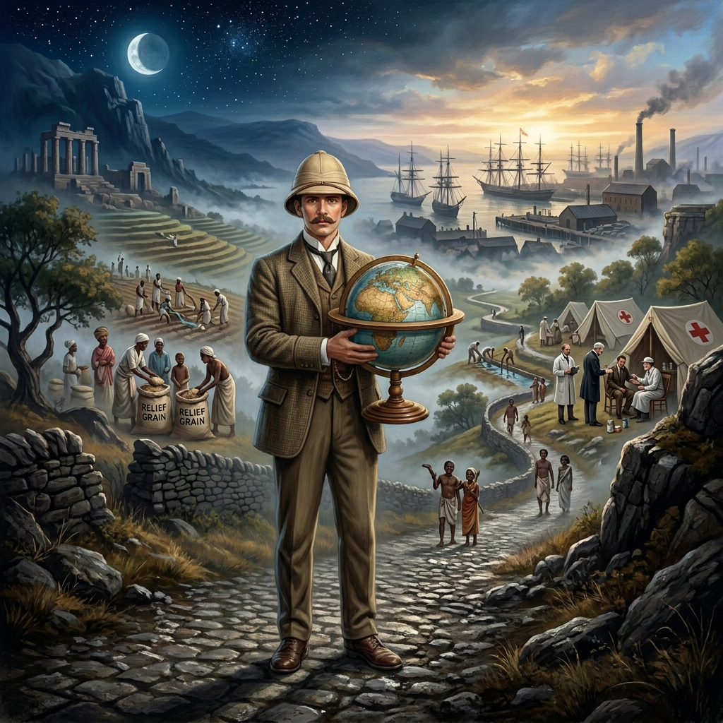 Traveler carrying a globe down a cobblestone path toward ships and factories
