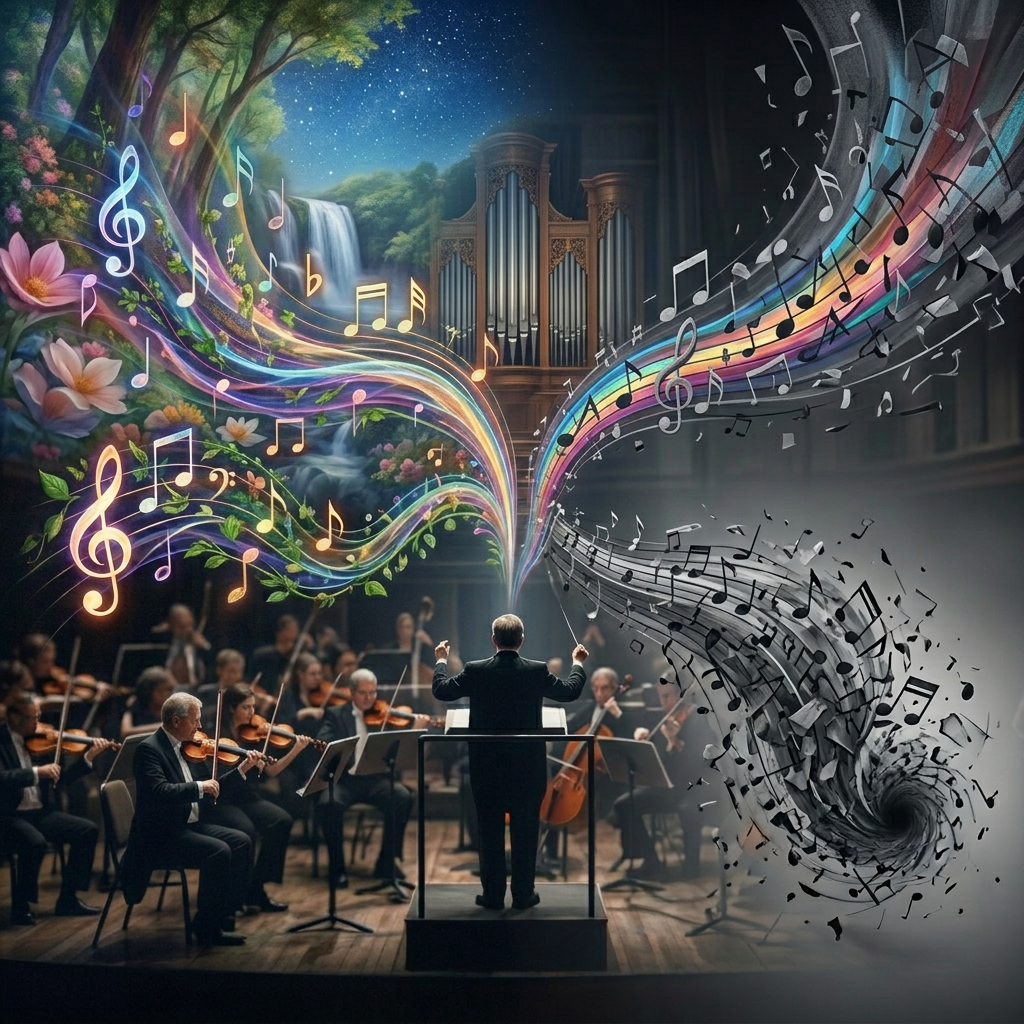 Colorful musical notes swirling around flowing ribbons over a dark stage