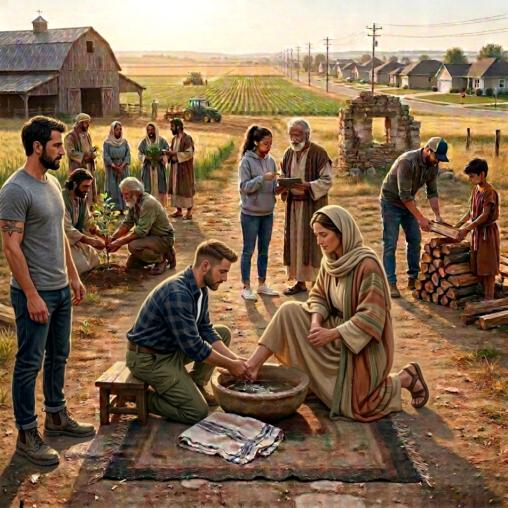 Diverse crowd witnessing a foot-washing ceremony in an urban courtyard