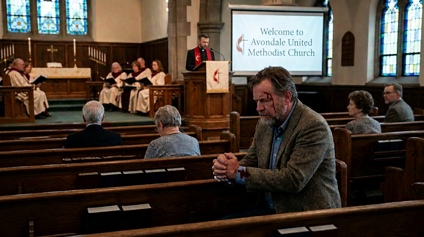 Injured man kneels in prayer during a church service