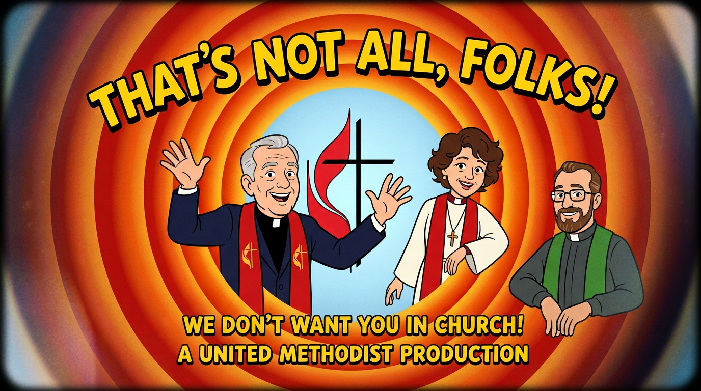 Text reads “THAT’S NOT ALL, FOLKS! SEE YOU IN CHURCH! A UNITED METHODIST PRODUCTION,” beside three clergy members and a cross-and-flame symbol.