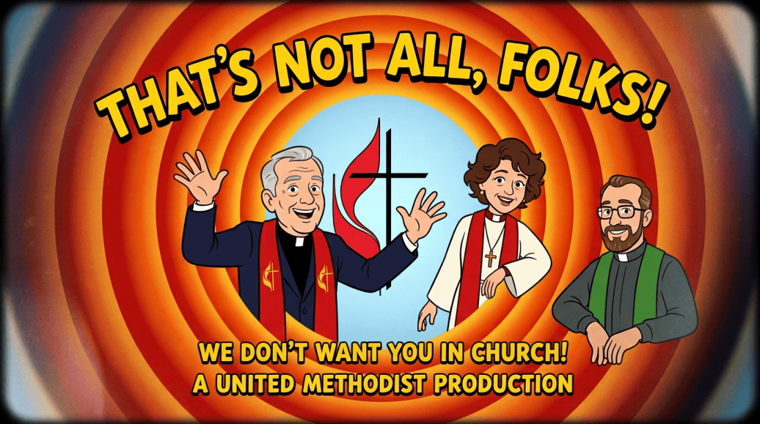 Text reads “THAT’S NOT ALL, FOLKS! SEE YOU IN CHURCH! A UNITED METHODIST PRODUCTION,” beside three clergy members and a cross-and-flame symbol.